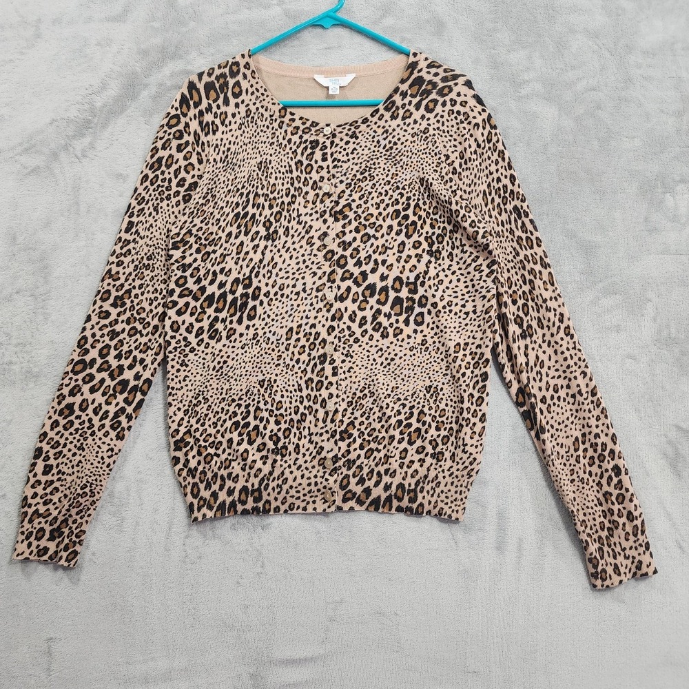 Time And Tru Cardigan Sweater Womens M Brown Leopard Print Crew Neck Button Knit